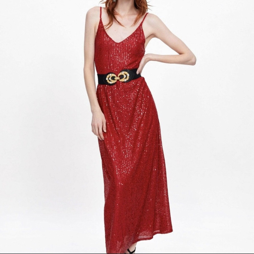 Zara long sequin dress red v neck adjustment strap